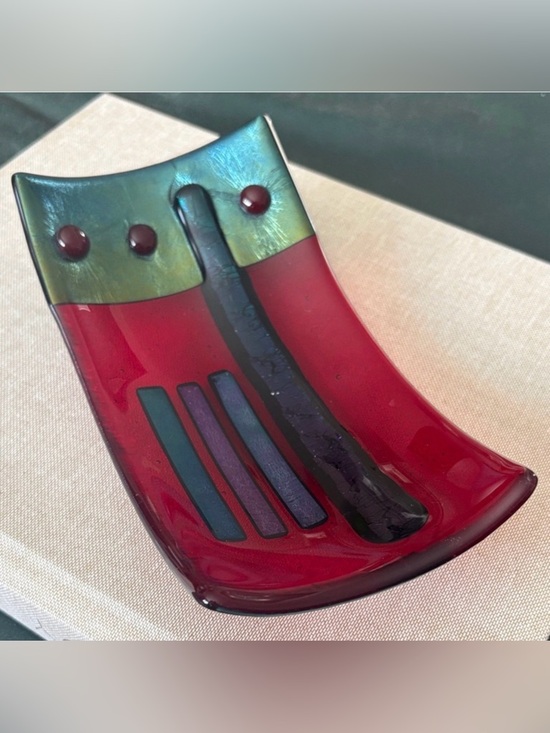 Other - Artist Signed Fused Art Glass Dish Modern Studio Red Blue/Green iridescent